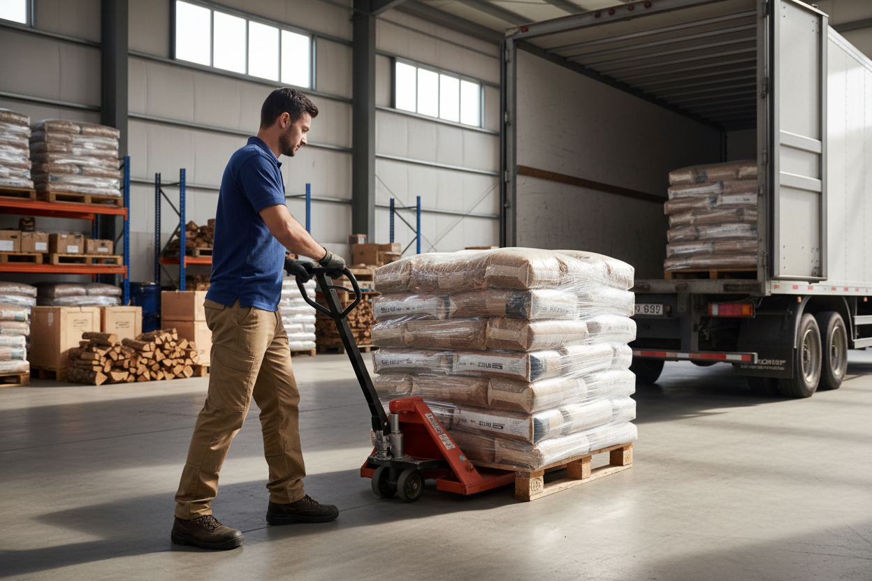 genere image agent en cours de livraison de bois ou pellets avec transpalette