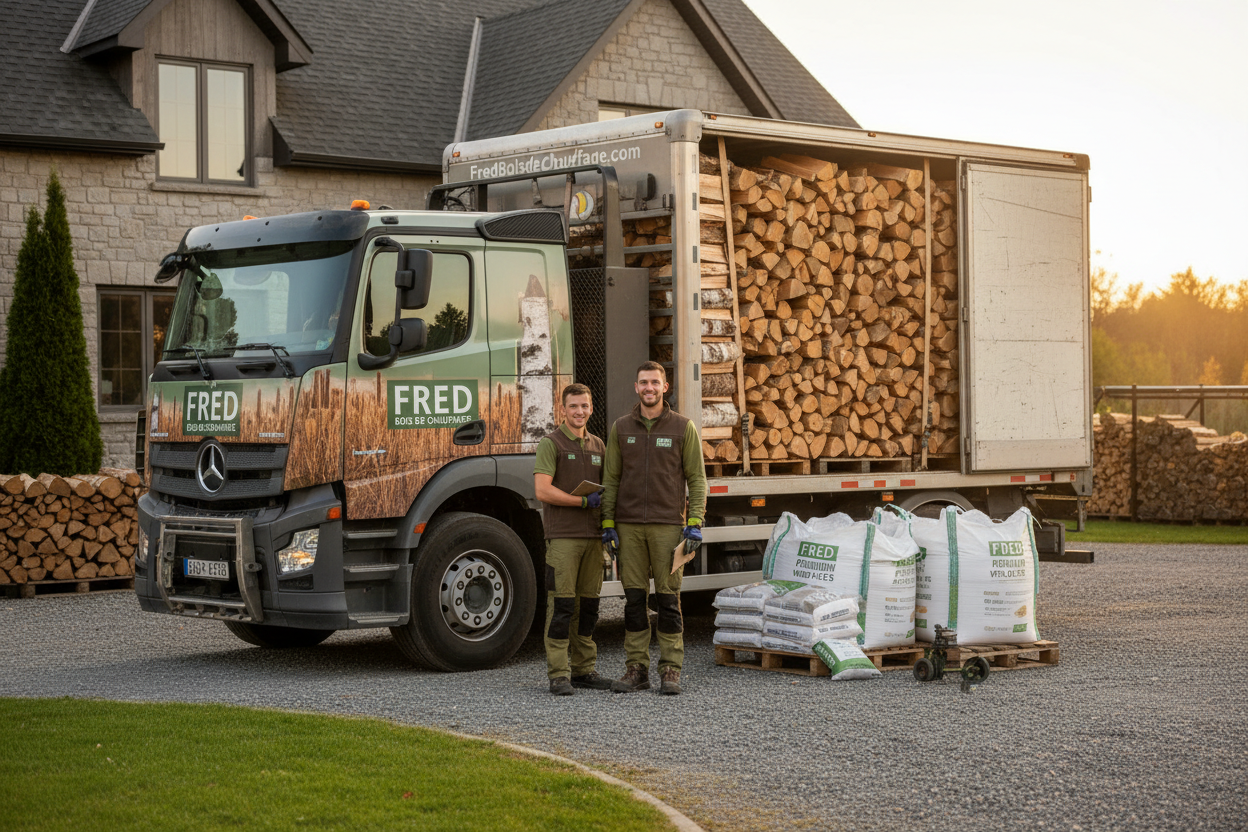 image de livraison de bois et pellets avec agents pour Fred bois de chauffage